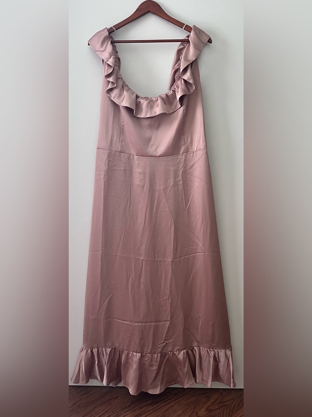 Show Me Your MuMu “Alexis” Midi Dress with Ruffle Neck Rose Gold